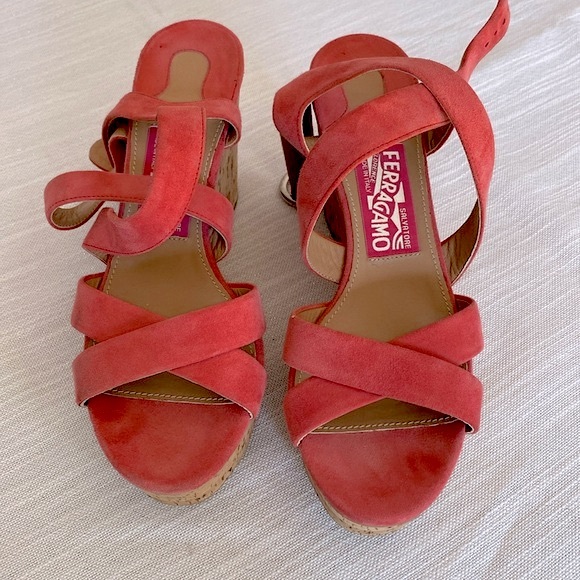 Salvatore Ferragamo Cross Strap Cork Wedge Sandals - Picture 1 of 10